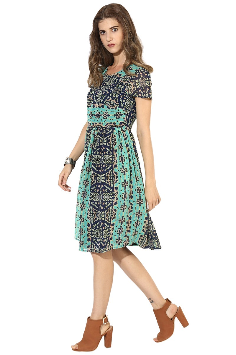 Milticolor Knee Length Round Neck Short Sleeves Printed Polyester Dress