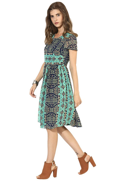 Milticolor Knee Length Round Neck Short Sleeves Printed Polyester Dress