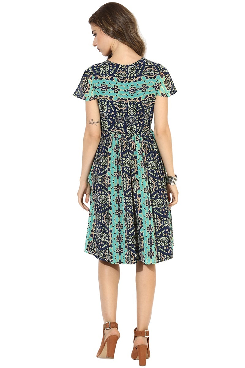 Milticolor Knee Length Round Neck Short Sleeves Printed Polyester Dress