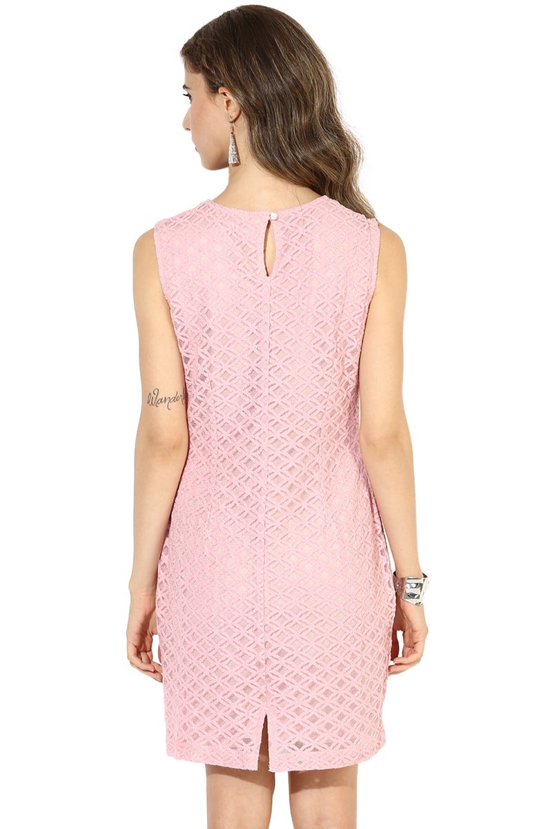 Pink Knee Length Round Neck Sleeveless Cotton Dress
