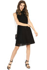 Black Knee Length Choker Neck Sleeveless Polyester Solid Dress