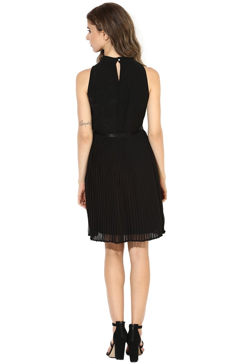 Black Knee Length Choker Neck Sleeveless Polyester Solid Dress
