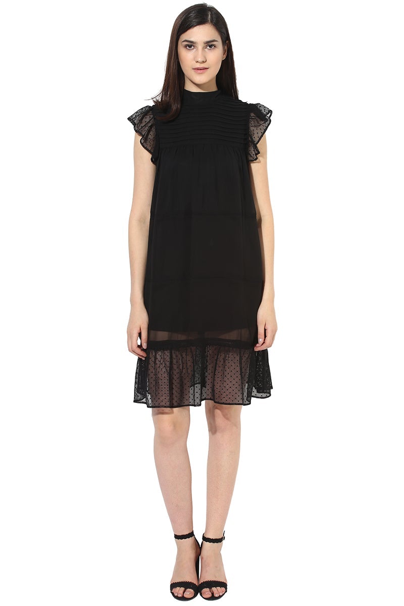 Black Knee Length Choker Neck Sleeveless Polyester Dress