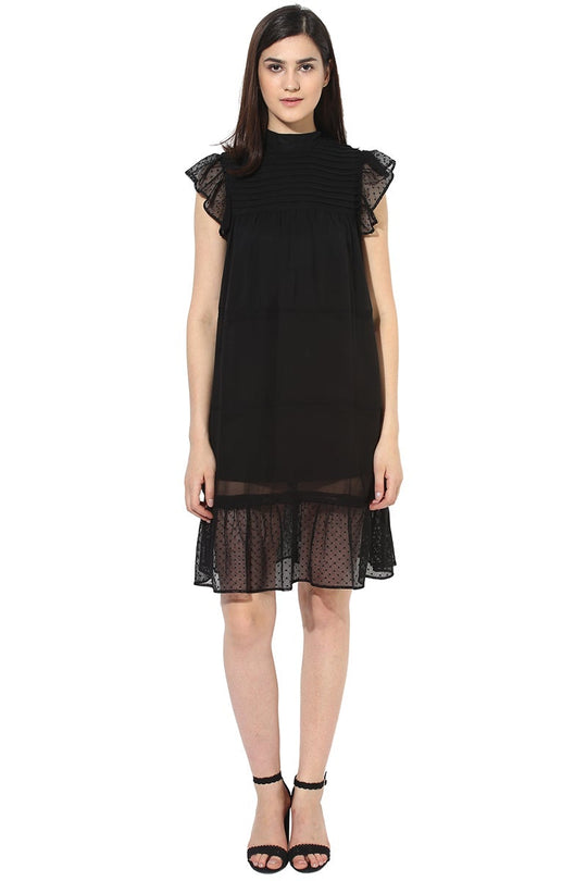 Black Knee Length Choker Neck Sleeveless Polyester Dress