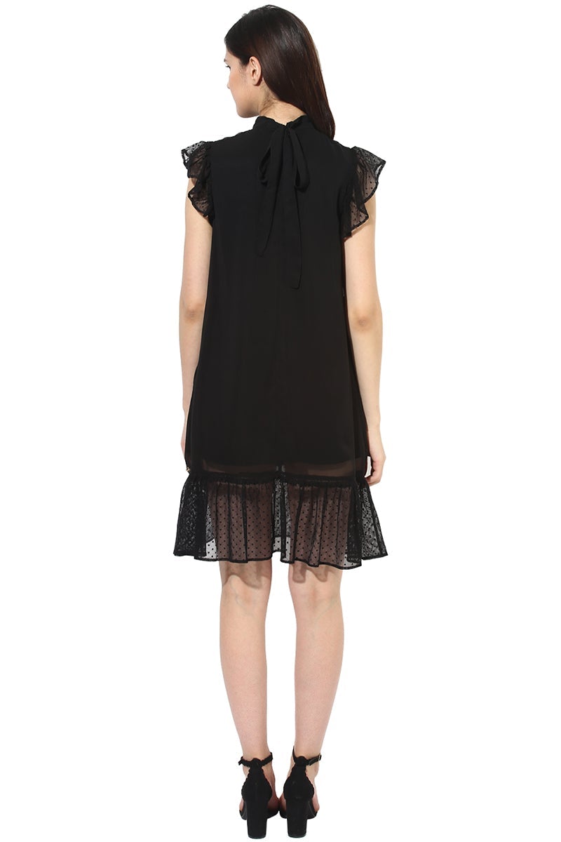 Black Knee Length Choker Neck Sleeveless Polyester Dress