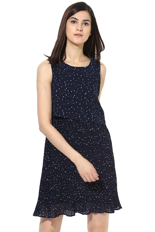 Blue Knee Length Round Neck Sleeveless Polyester printed Dress