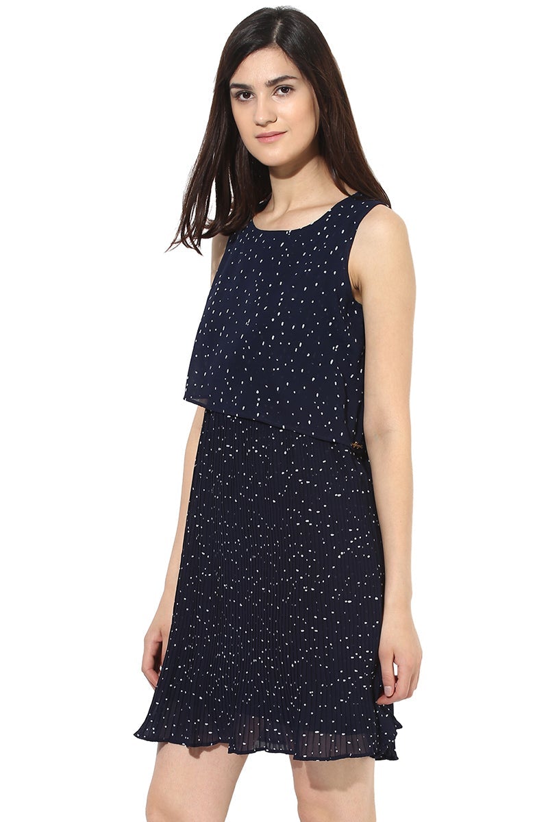 Blue Knee Length Round Neck Sleeveless Polyester printed Dress