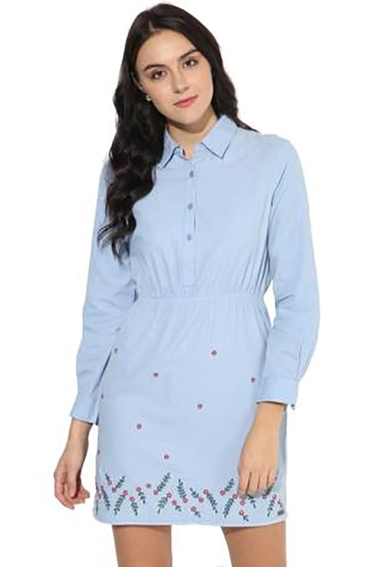 Blue Knee Length Shirt Collar 3/4 Sleeves Cotton Embellished Dress