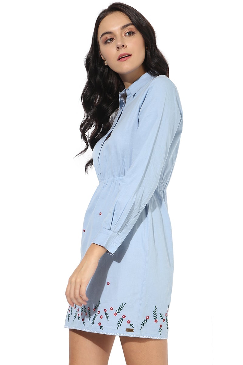 Blue Knee Length Shirt Collar 3/4 Sleeves Cotton Embellished Dress