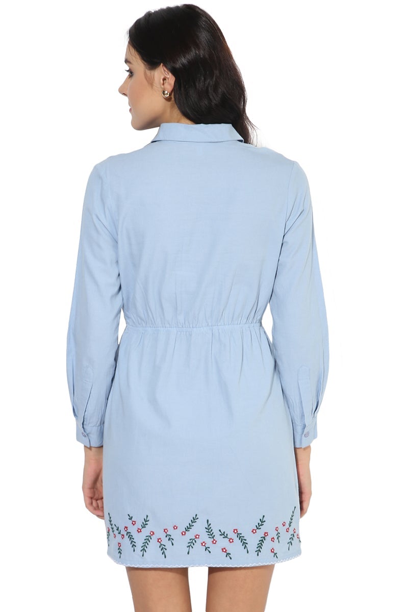 Blue Knee Length Shirt Collar 3/4 Sleeves Cotton Embellished Dress