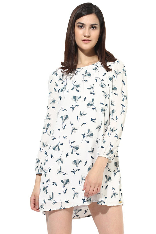 White Above Knee Length Round Neck 3/4th Sleeves Polyester Printed Dress