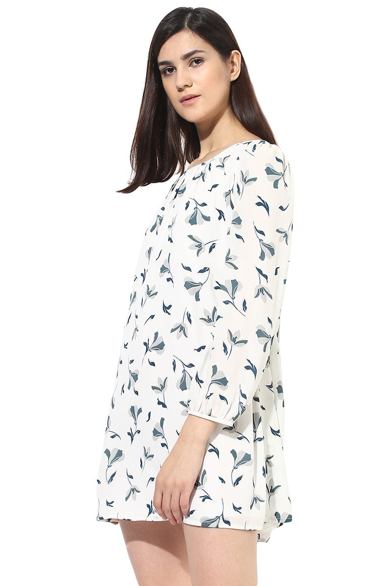 White Above Knee Length Round Neck 3/4th Sleeves Polyester Printed Dress
