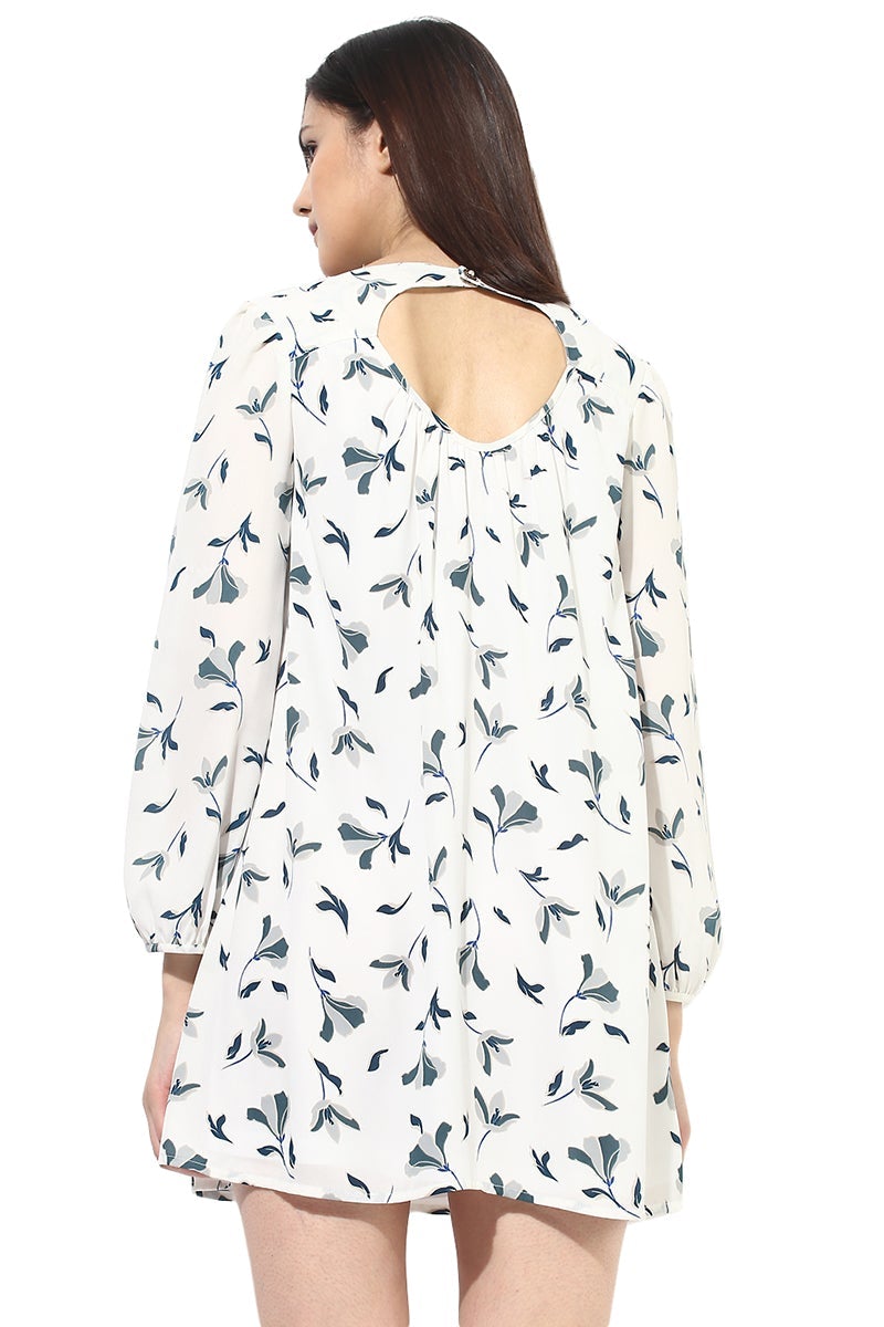 White Above Knee Length Round Neck 3/4th Sleeves Polyester Printed Dress