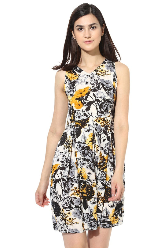 Multicolor Knee Length V-Neck Sleeveless Rayon Printed Dress
