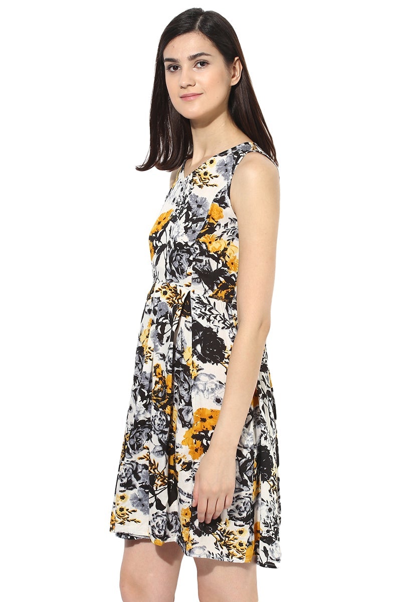 Multicolor Knee Length V-Neck Sleeveless Rayon Printed Dress