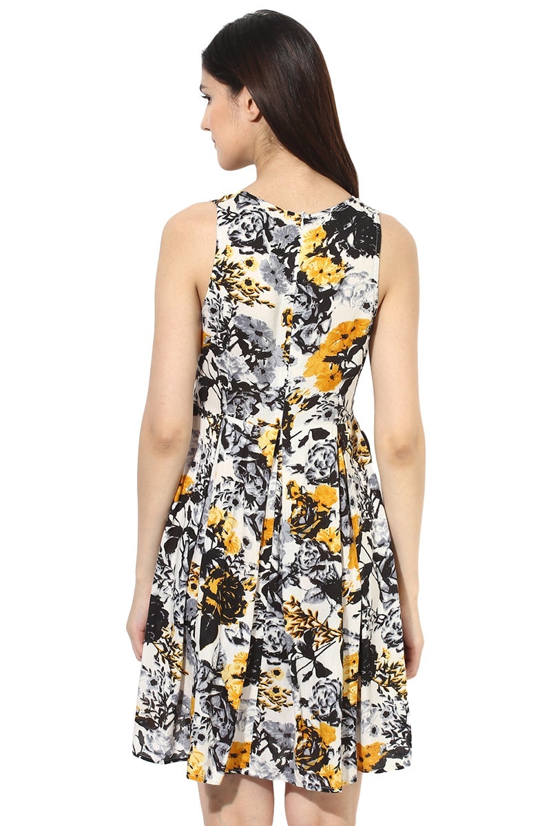 Multicolor Knee Length V-Neck Sleeveless Rayon Printed Dress