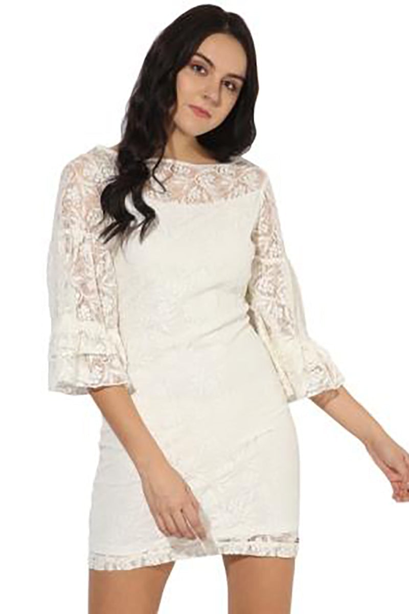 White Above Knee Length Boat Neck 3/4th Sleeves Synthetics Printed Dress