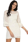 White Above Knee Length Boat Neck 3/4th Sleeves Synthetics Printed Dress