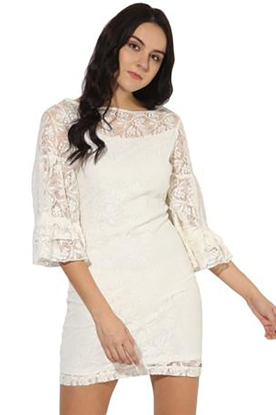 White Above Knee Length Boat Neck 3/4th Sleeves Synthetics Printed Dress