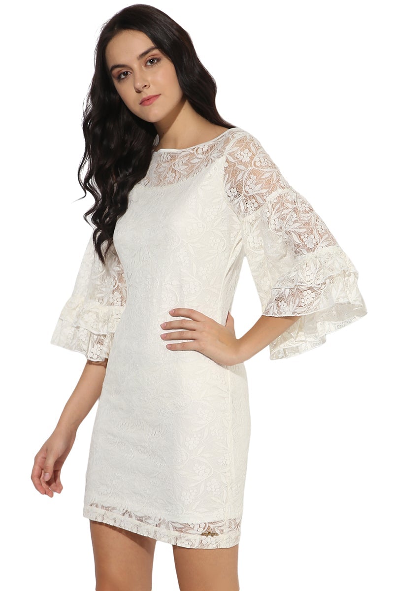 White Above Knee Length Boat Neck 3/4th Sleeves Synthetics Printed Dress