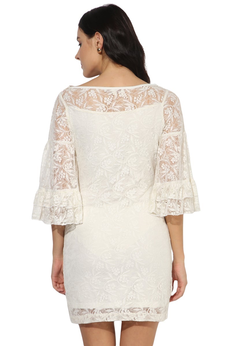 White Above Knee Length Boat Neck 3/4th Sleeves Synthetics Printed Dress