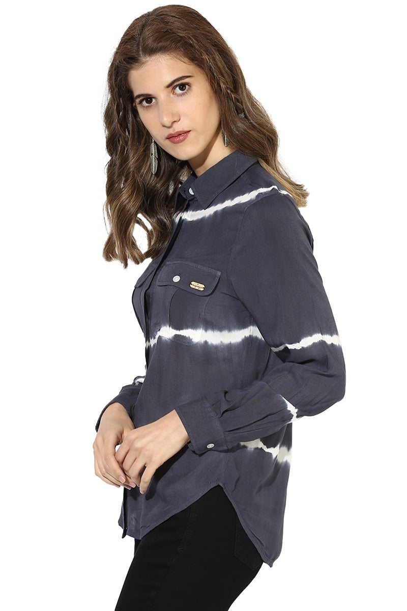 Grey Medium Length Shirt Collar Long Sleeves Rayon Shirt