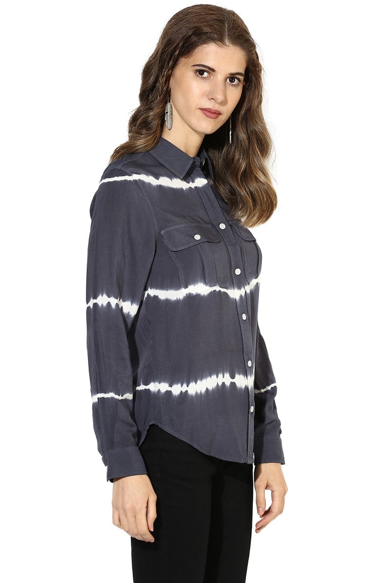 Grey Medium Length Shirt Collar Long Sleeves Rayon Shirt
