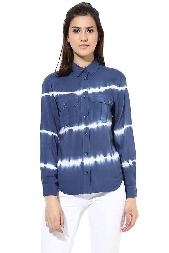 Blue Medium Length Shirt Collar Long Sleeves Rayon Shirt