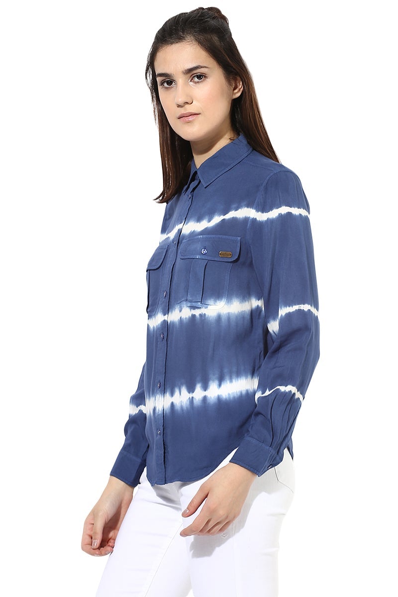 Blue Medium Length Shirt Collar Long Sleeves Rayon Shirt