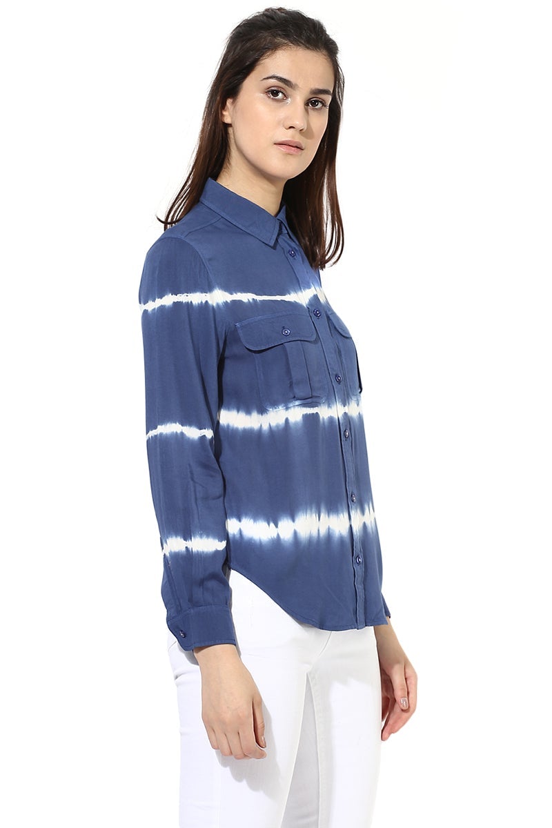 Blue Medium Length Shirt Collar Long Sleeves Rayon Shirt