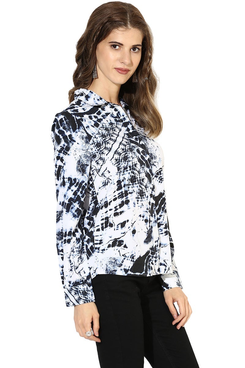 White Medium Length Shirt Collar Long Sleeves Polyester Shirt