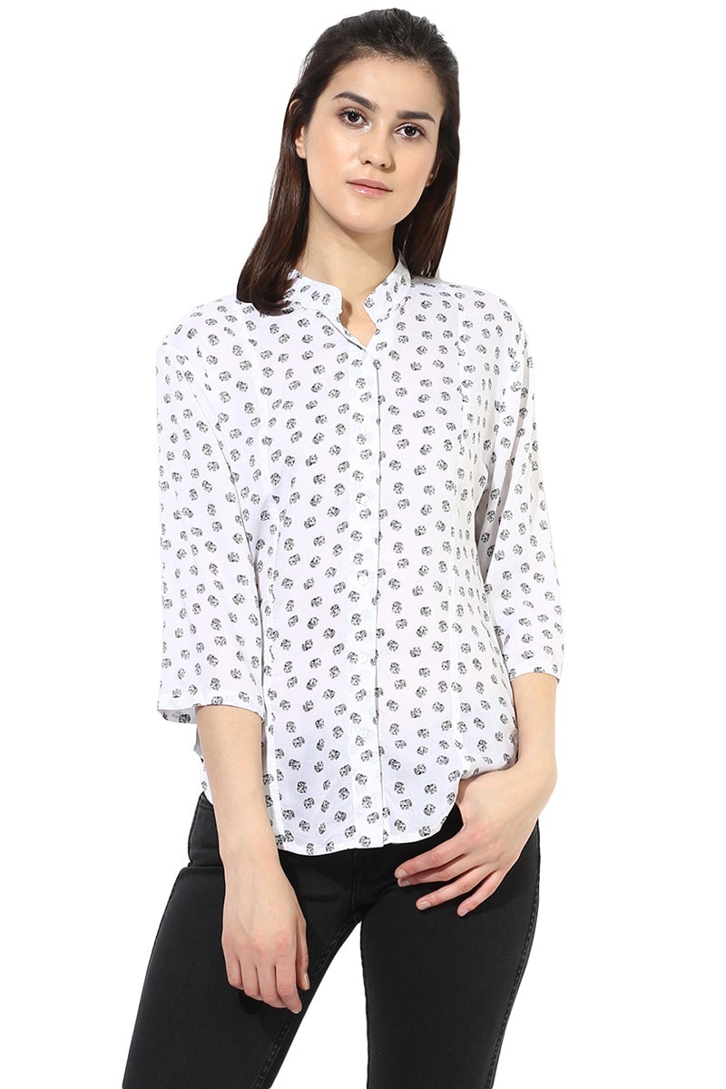 White Medium Length Mandarin Collar 3/4th Sleeves Synthetics Shirt