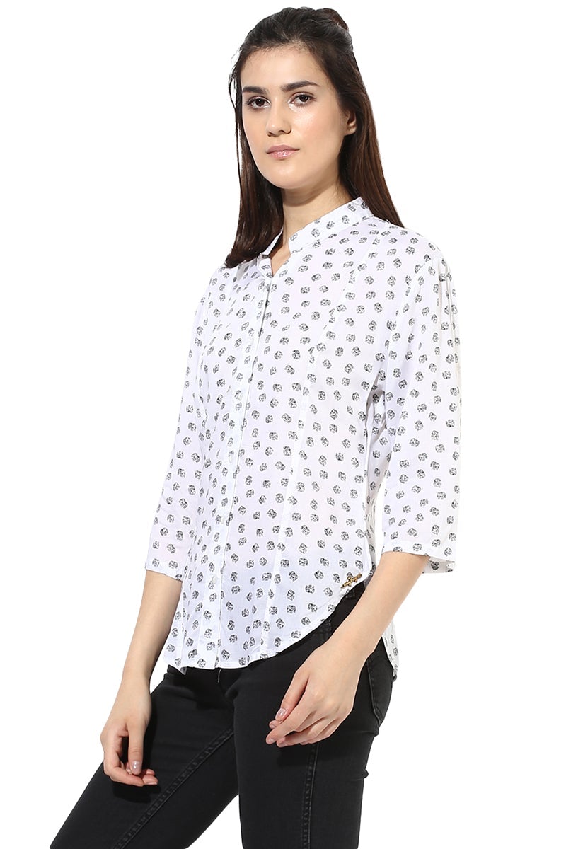 White Medium Length Mandarin Collar 3/4th Sleeves Synthetics Shirt