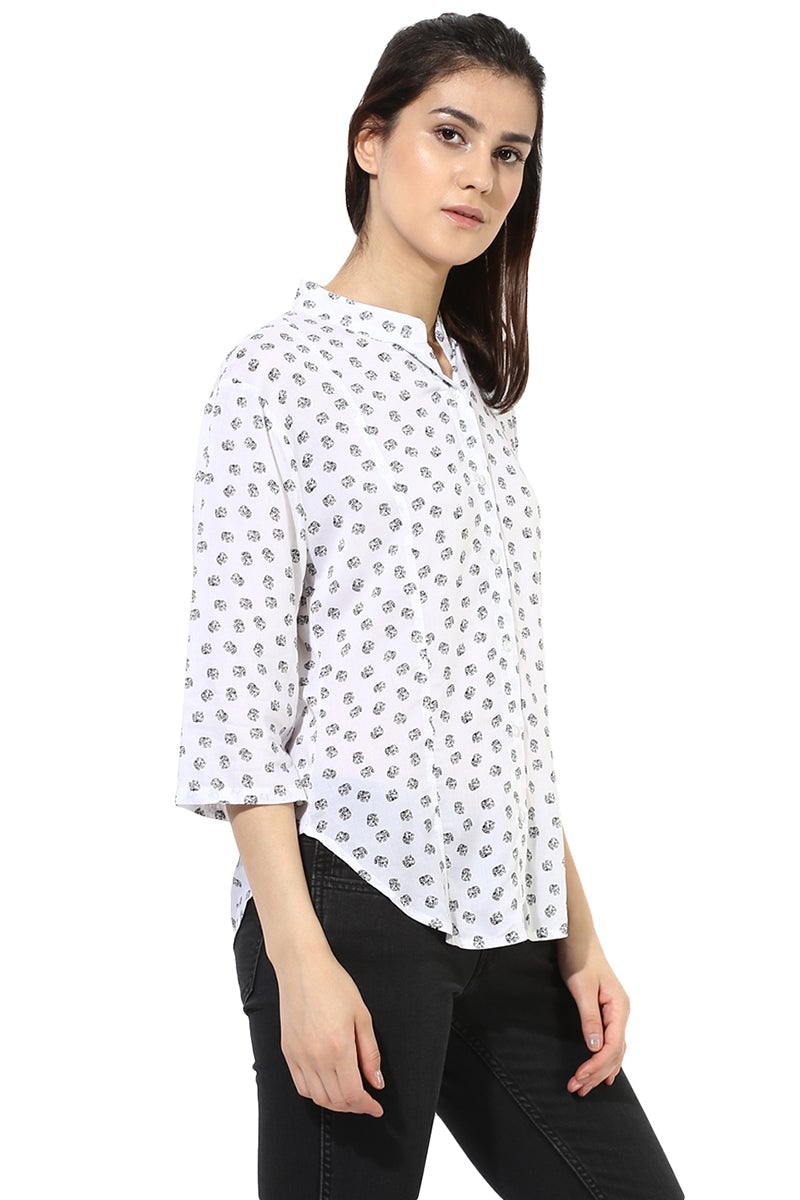 White Medium Length Mandarin Collar 3/4th Sleeves Synthetics Shirt
