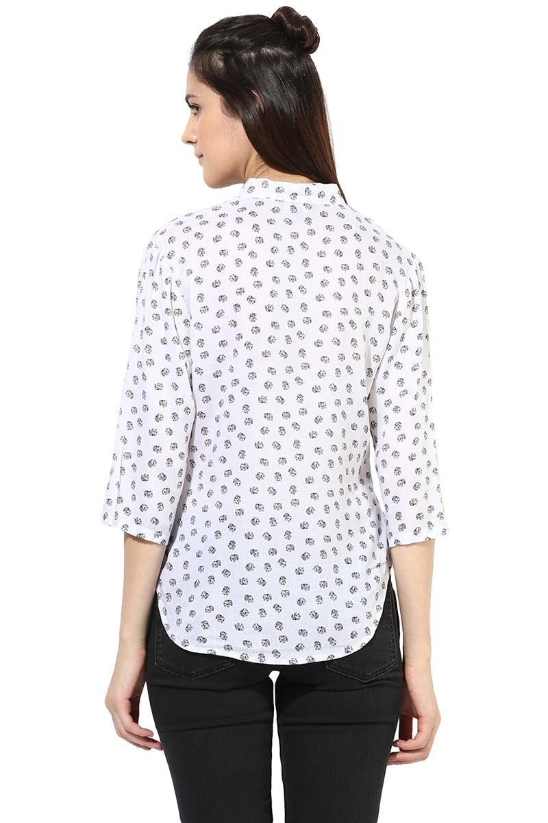 White Medium Length Mandarin Collar 3/4th Sleeves Synthetics Shirt