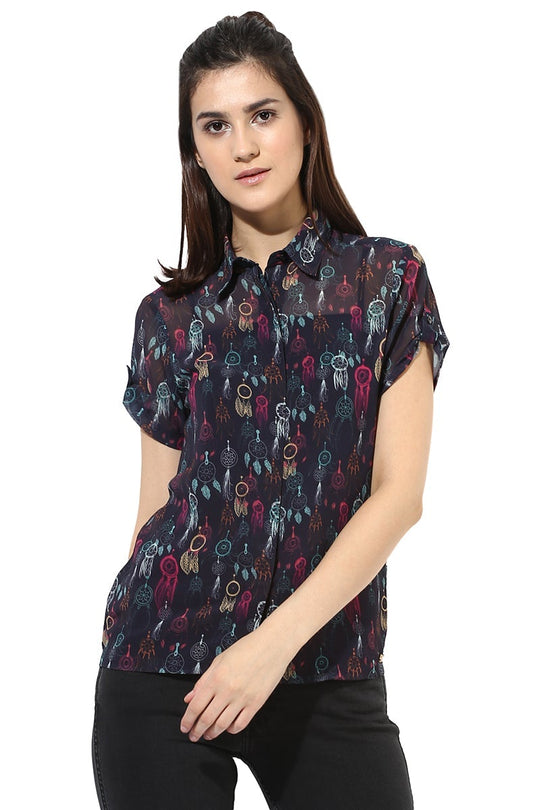 Multicolor Medium Length Shirt Collar Short Sleeves Polyester Shirt