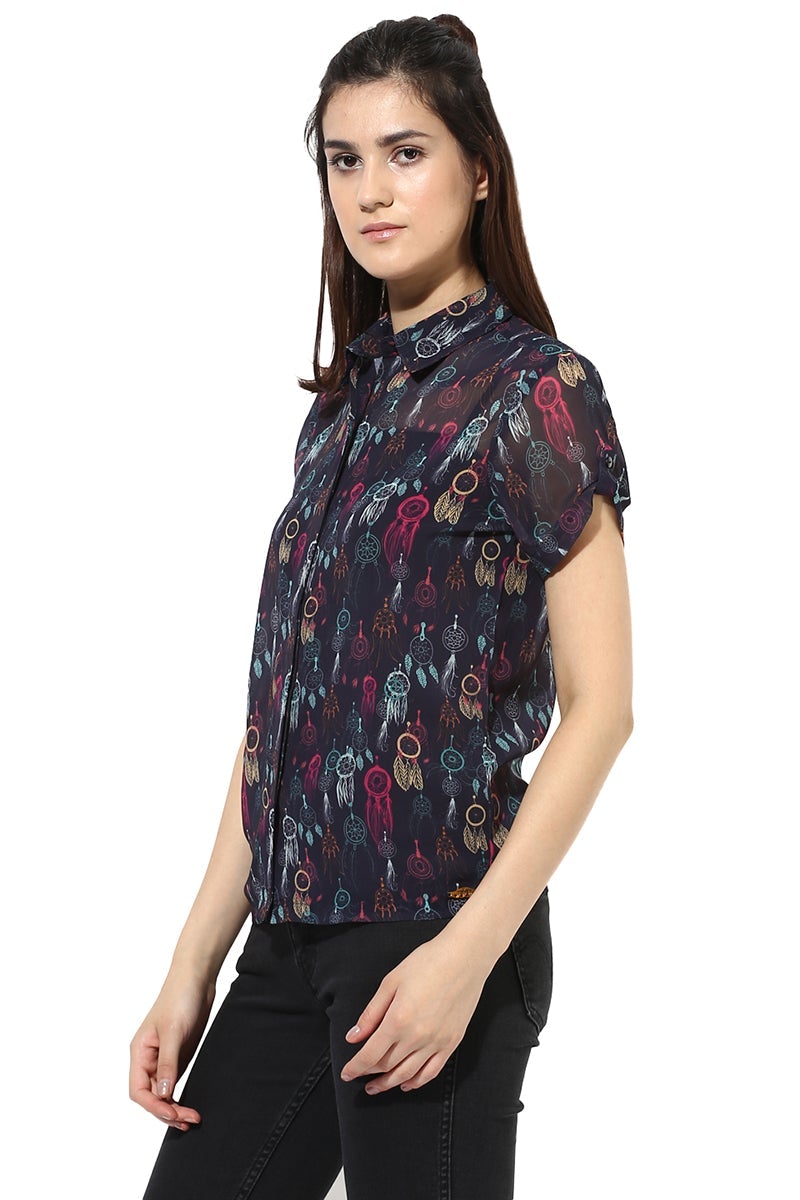 Multicolor Medium Length Shirt Collar Short Sleeves Polyester Shirt
