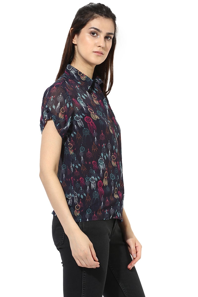 Multicolor Medium Length Shirt Collar Short Sleeves Polyester Shirt