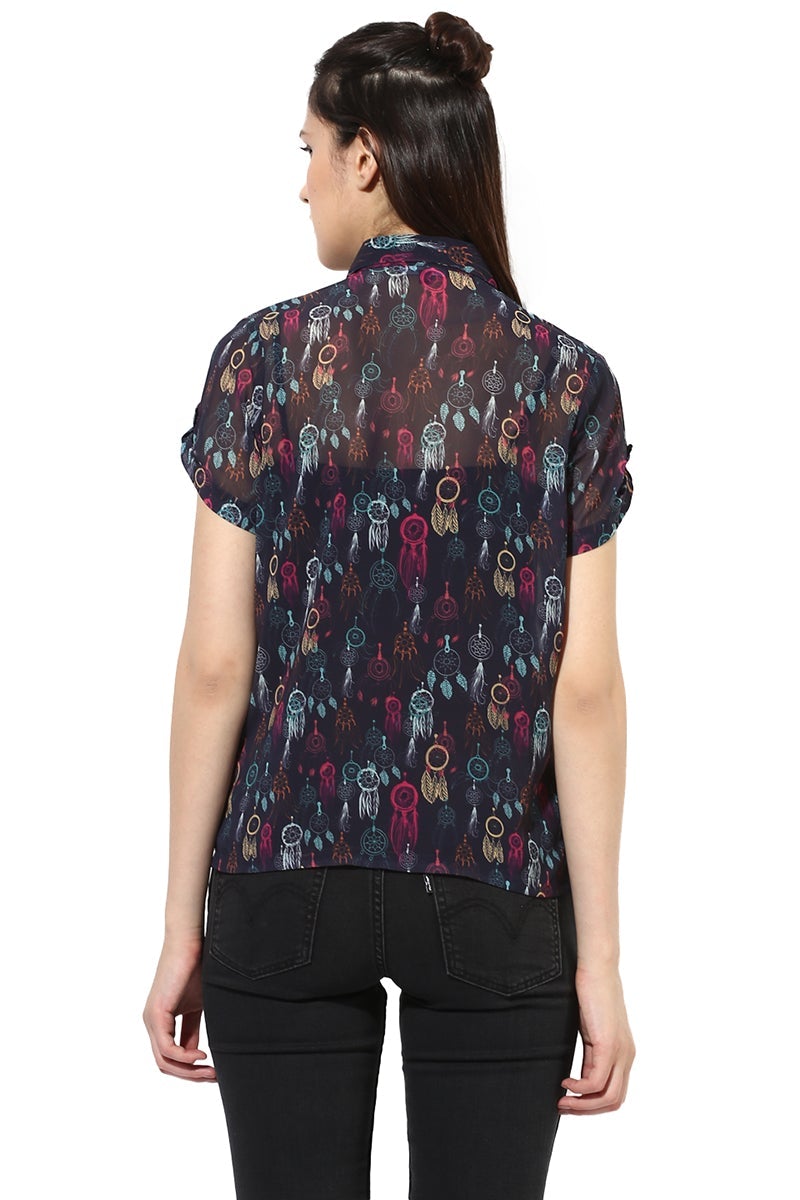 Multicolor Medium Length Shirt Collar Short Sleeves Polyester Shirt