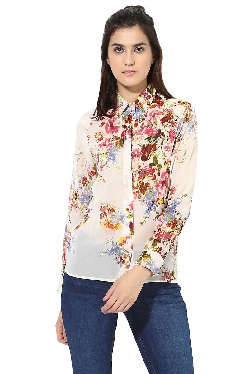 Multicolor Medium Length Shirt Collar Long Sleeves Polyester Shirt