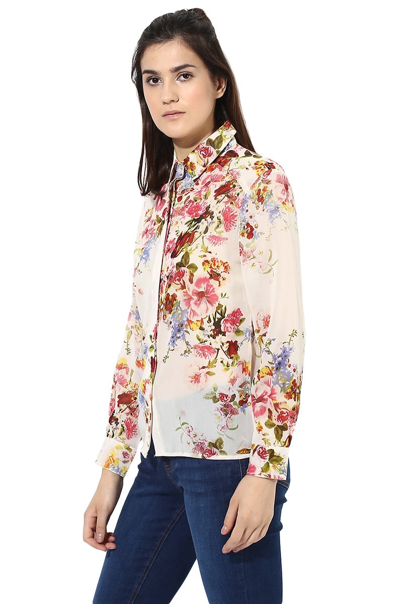 Multicolor Medium Length Shirt Collar Long Sleeves Polyester Shirt