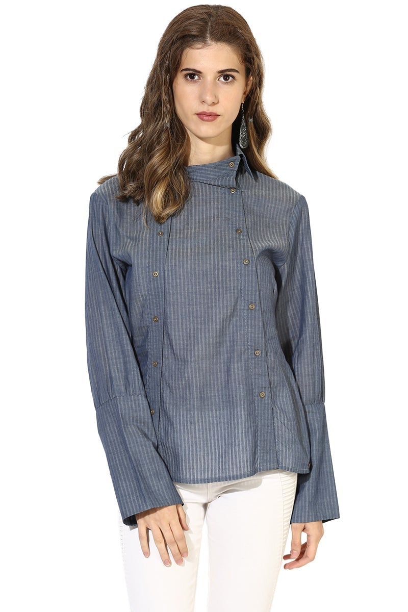 Blue Medium Length Shirt Collar Long Sleeves Cotton Shirt