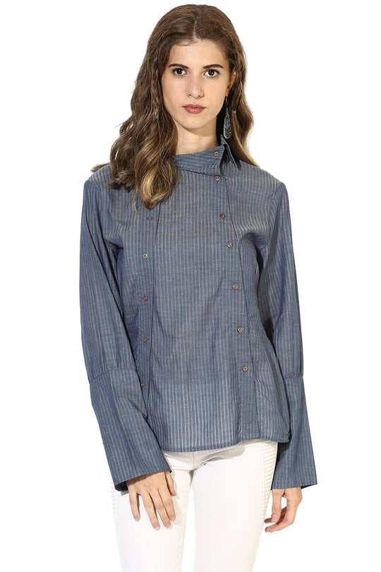 Blue Medium Length Shirt Collar Long Sleeves Cotton Shirt