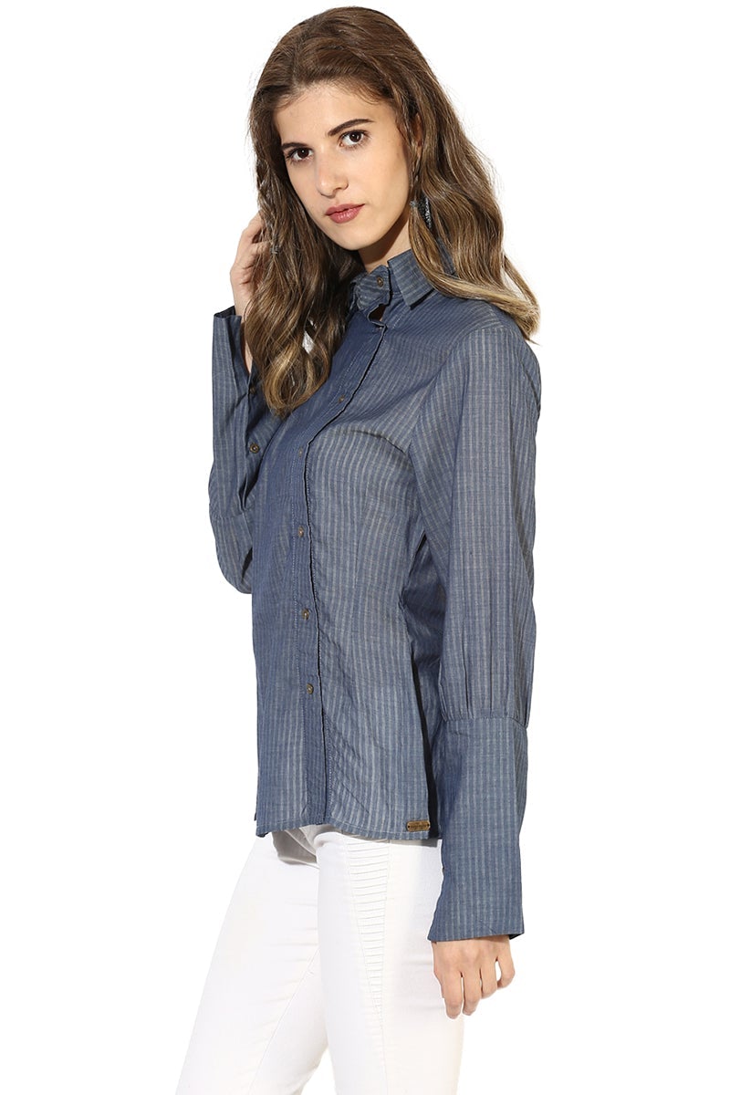 Blue Medium Length Shirt Collar Long Sleeves Cotton Shirt