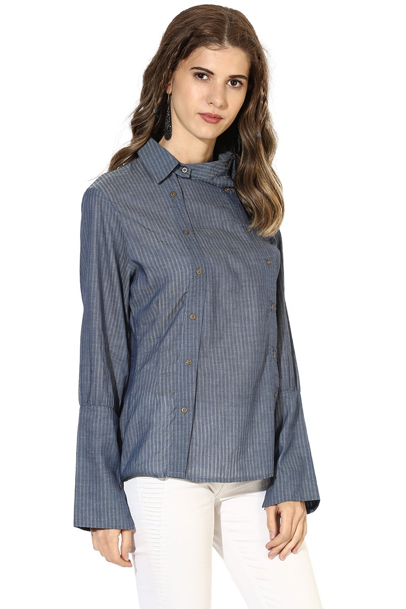 Blue Medium Length Shirt Collar Long Sleeves Cotton Shirt