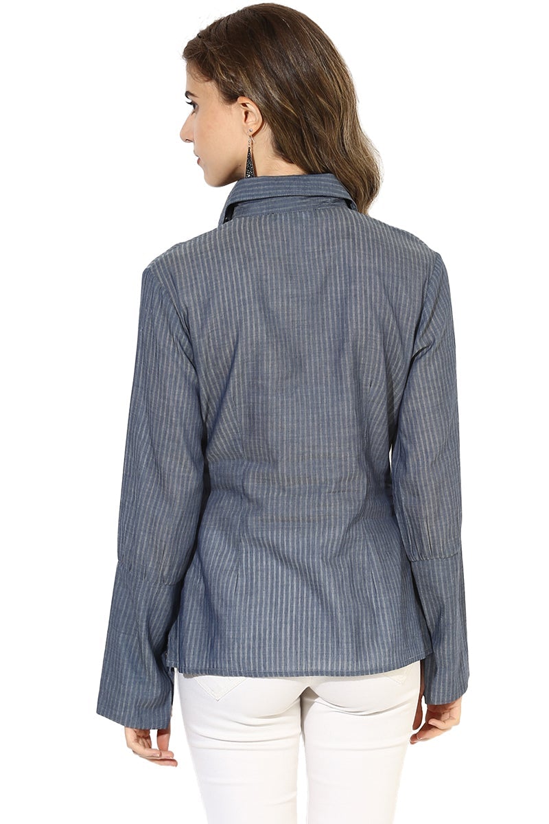 Blue Medium Length Shirt Collar Long Sleeves Cotton Shirt