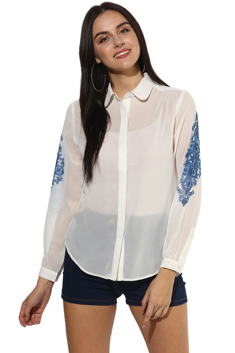 White Medium Length Shirt Collar Long Sleeves Polyester Shirt