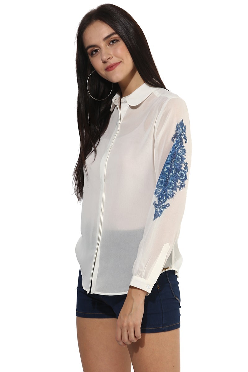 White Medium Length Shirt Collar Long Sleeves Polyester Shirt