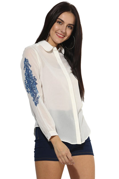 White Medium Length Shirt Collar Long Sleeves Polyester Shirt