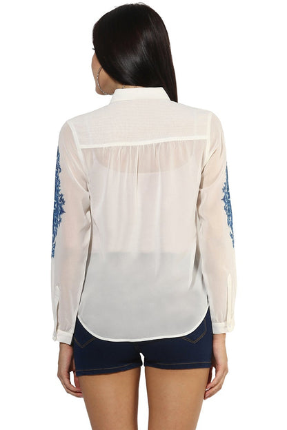 White Medium Length Shirt Collar Long Sleeves Polyester Shirt